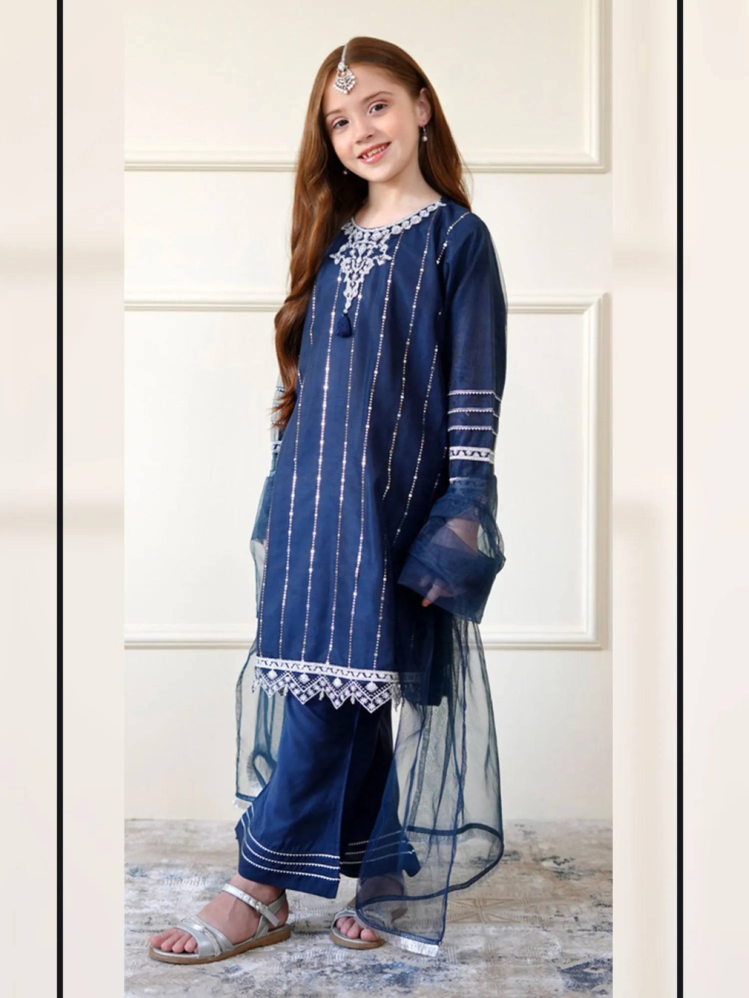 Kids Navy Blue Embroidered Net Suit