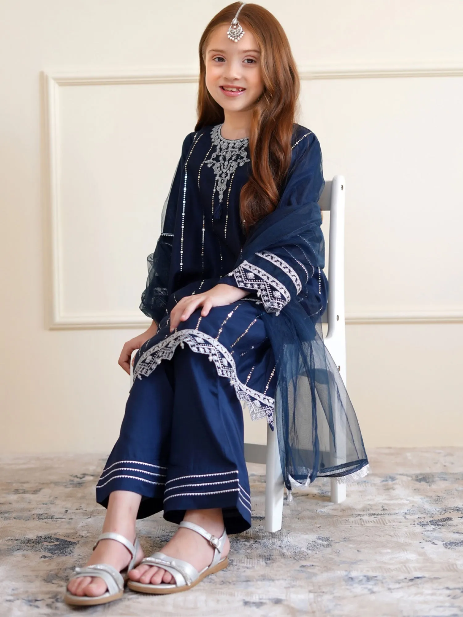 Kids Navy Blue Embroidered Net Suit