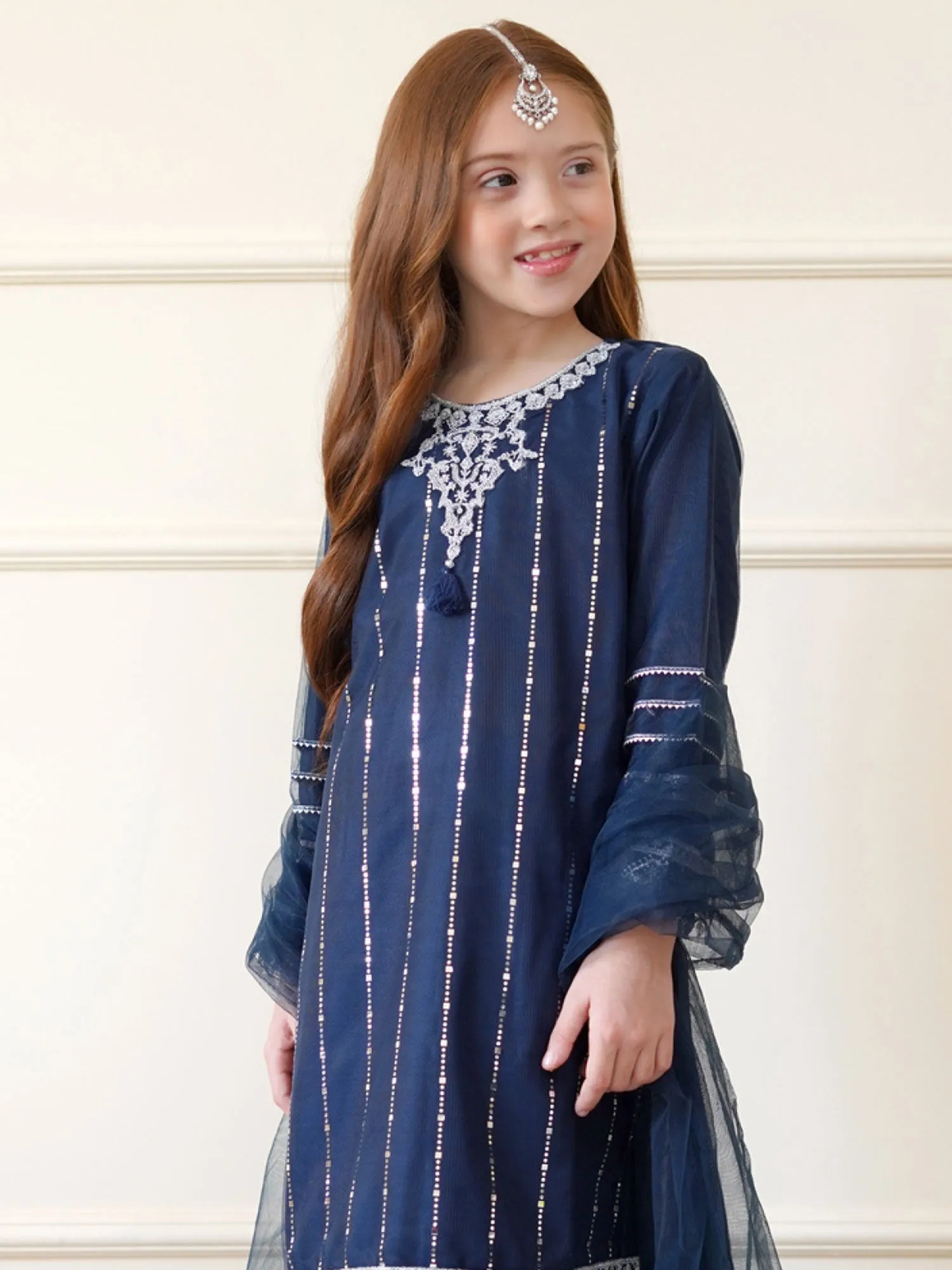 Kids Navy Blue Embroidered Net Suit