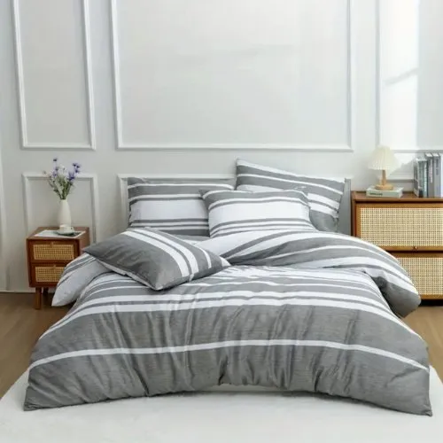 King Size 6 pieces, Gray Stripe Design Bedding set.