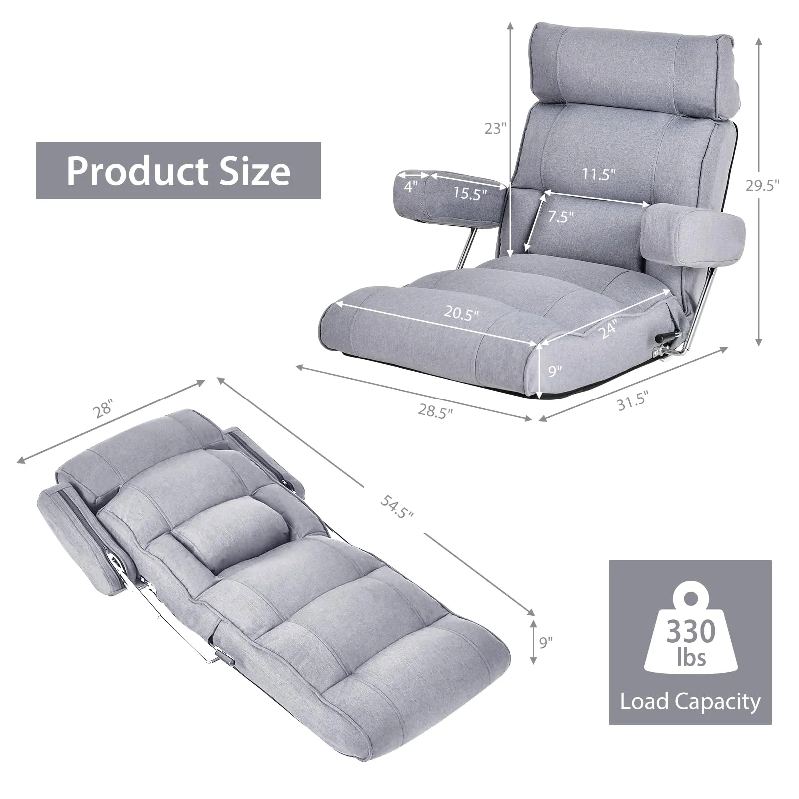 KOMFOTT Adjustable Folding Floor Sofa Chair, Upholstered Indoor Chaise Lounge with 6-position