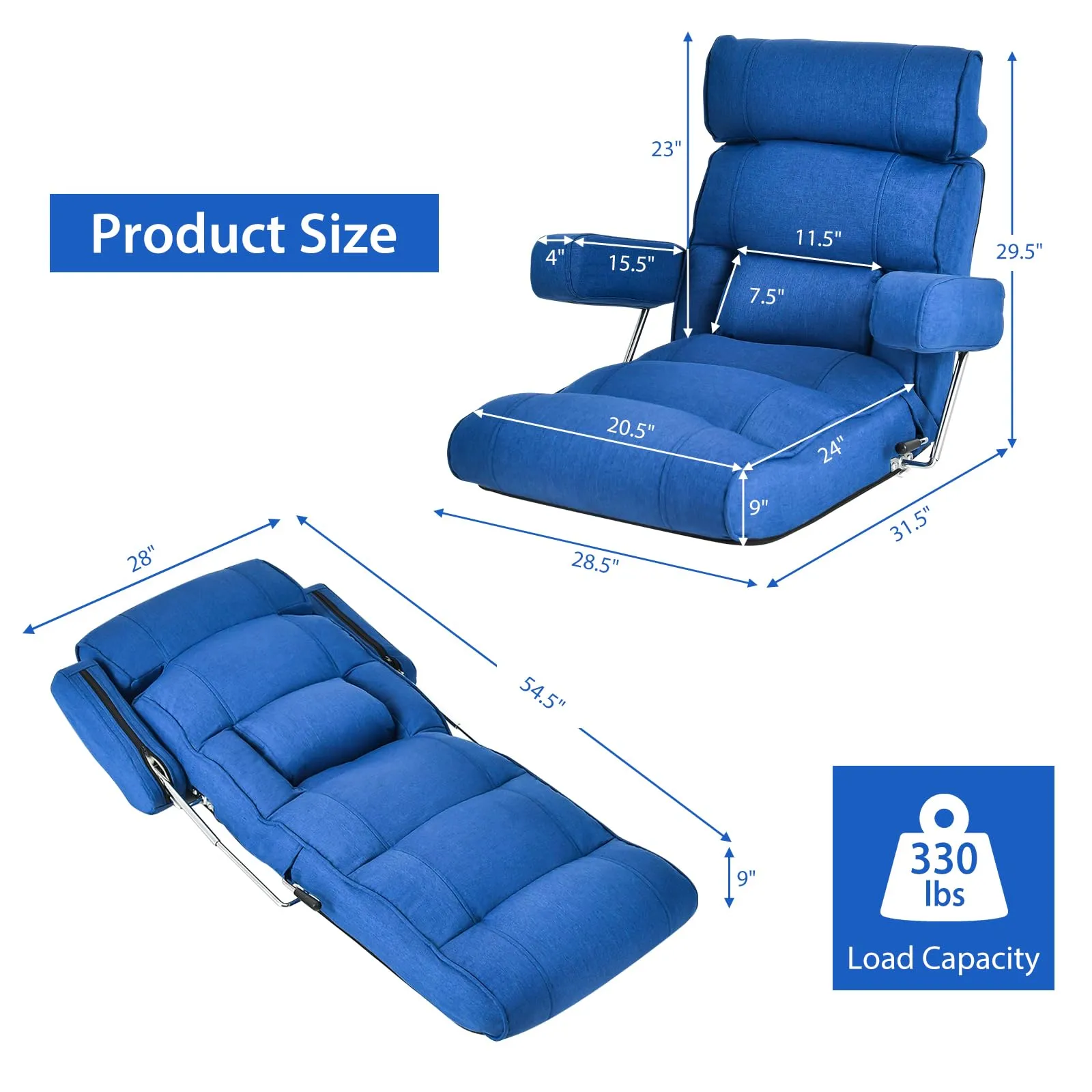 KOMFOTT Adjustable Folding Floor Sofa Chair, Upholstered Indoor Chaise Lounge with 6-position