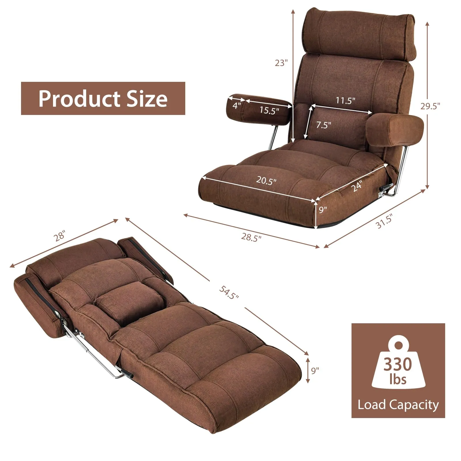 KOMFOTT Adjustable Folding Floor Sofa Chair, Upholstered Indoor Chaise Lounge with 6-position