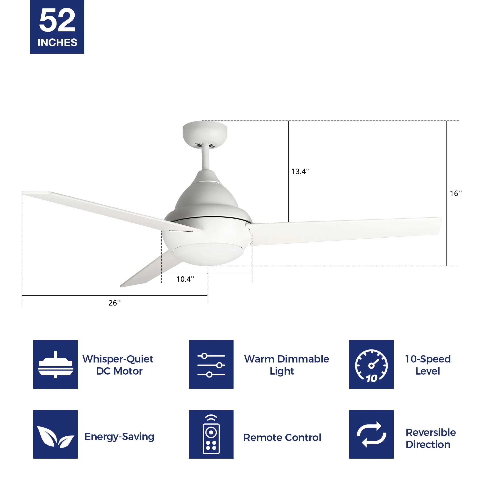 Konfor Ceiling Fan with LED Light and Remote Reversible Blades 52 inch