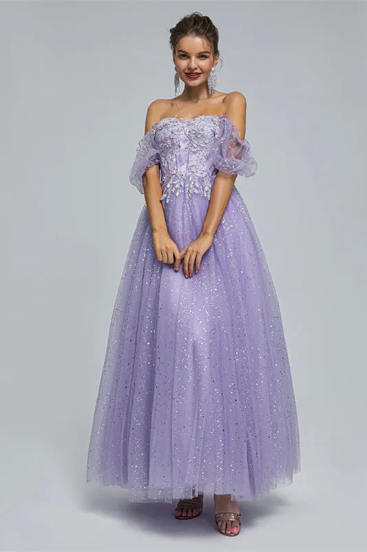 Light Purple Lace And Sequins Tulle Off The Shoulder Floor Length Dresses