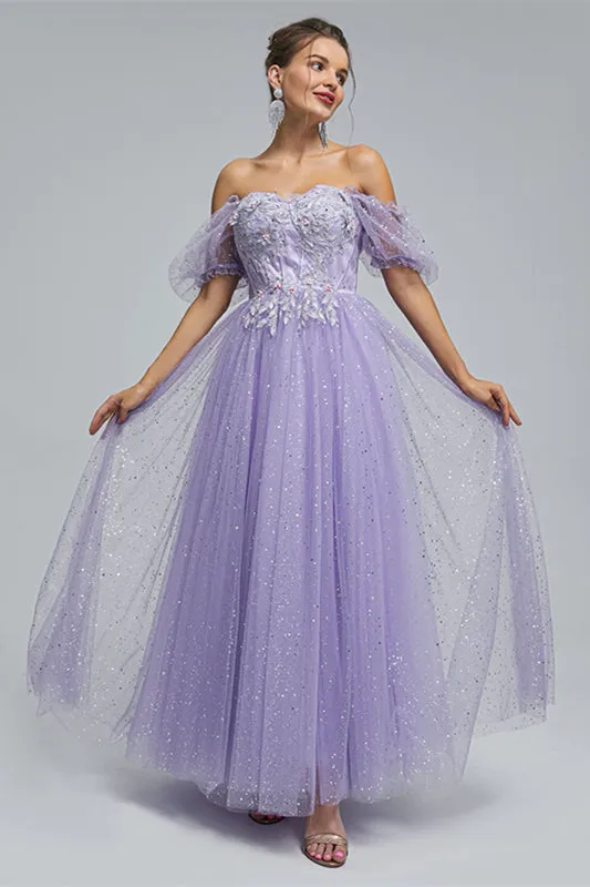 Light Purple Lace And Sequins Tulle Off The Shoulder Floor Length Dresses