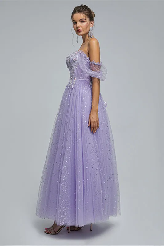 Light Purple Lace And Sequins Tulle Off The Shoulder Floor Length Dresses