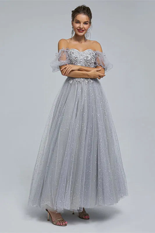 Light Purple Lace And Sequins Tulle Off The Shoulder Floor Length Dresses