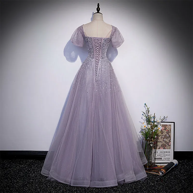 Light Purple Sequins Short Sleeves Party Dress, Purple Formal Dresses