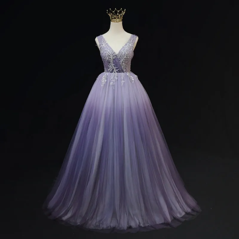 Light Purple Tulle Gradient Lace Applique Formal Dress, Long Prom Dress