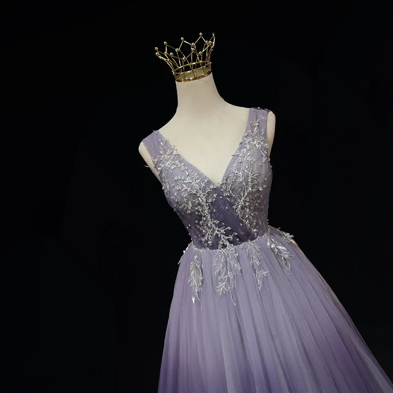 Light Purple Tulle Gradient Lace Applique Formal Dress, Long Prom Dress