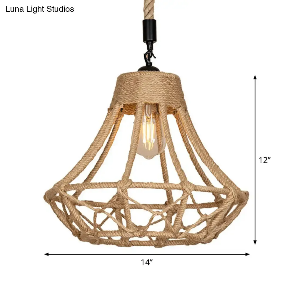 Lodge Diamond Pendant Ceiling Light in Brown - 1 Bulb Hemp Hanging for Cafes