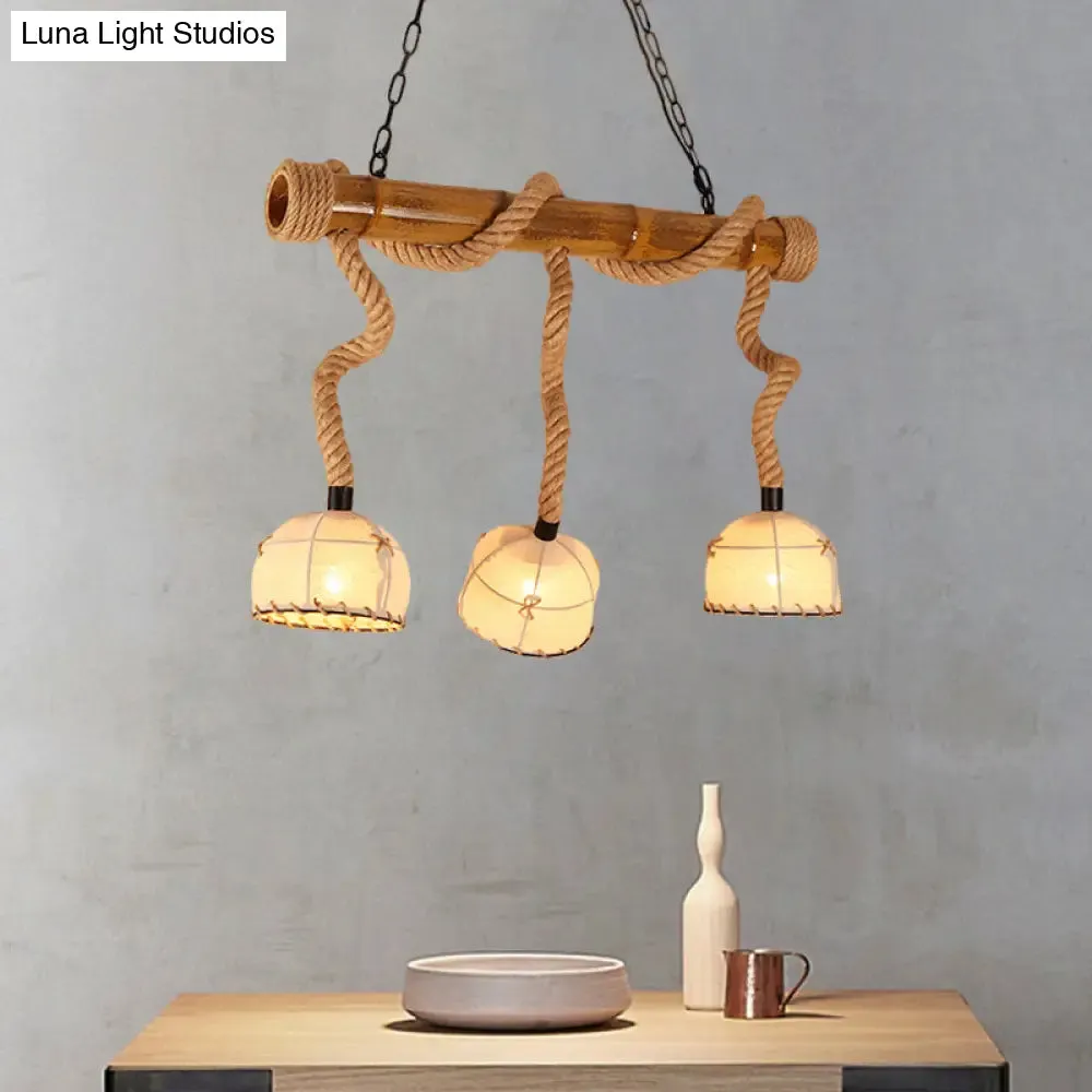 Lodge Style Island Pendant Light with 3 Fabric Dome Shades and Beige Hemp Rope