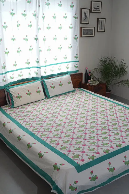 Lotus Dreams Hand Block Printed Cotton Percale Bedsheet