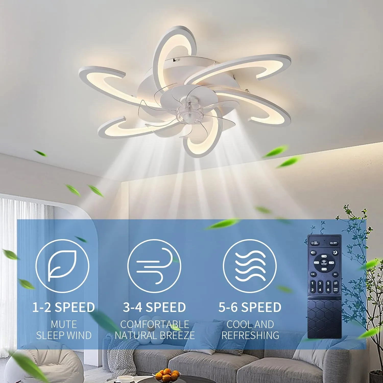 Low Profile Ceiling Fan Light, 6-Speed, 3 Colors, 82cm