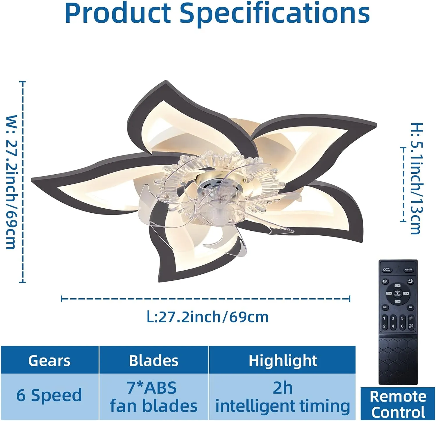 Low Profile Ceiling Fan Light, 6 Speeds, 3 Colors, 69cm