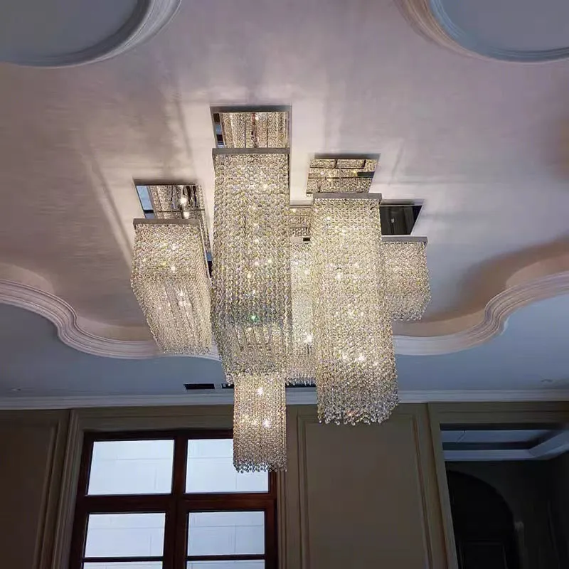 Luxury Rectangular Combination Crystal Chandelier for Living Room/Staircase/Foyer/Hallway