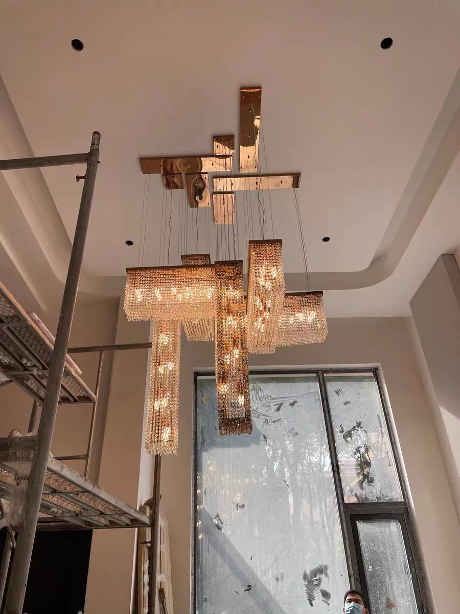 Luxury Rectangular Combination Crystal Chandelier for Living Room/Staircase/Foyer/Hallway