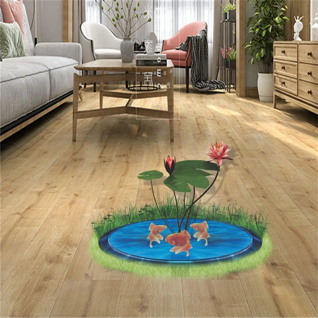 Marvelous Lotus Plant with Fishes, Floor Sticker