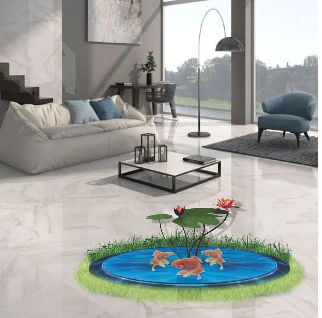 Marvelous Lotus Plant with Fishes, Floor Sticker