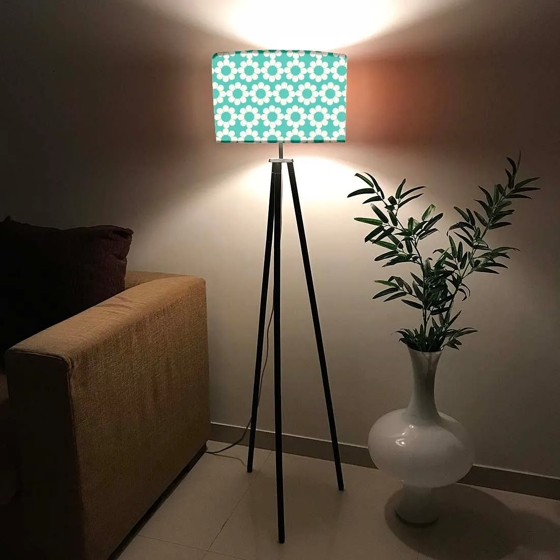 Metal Tripod Standing Floor Lamp for Bedside Light- Teal Patterns