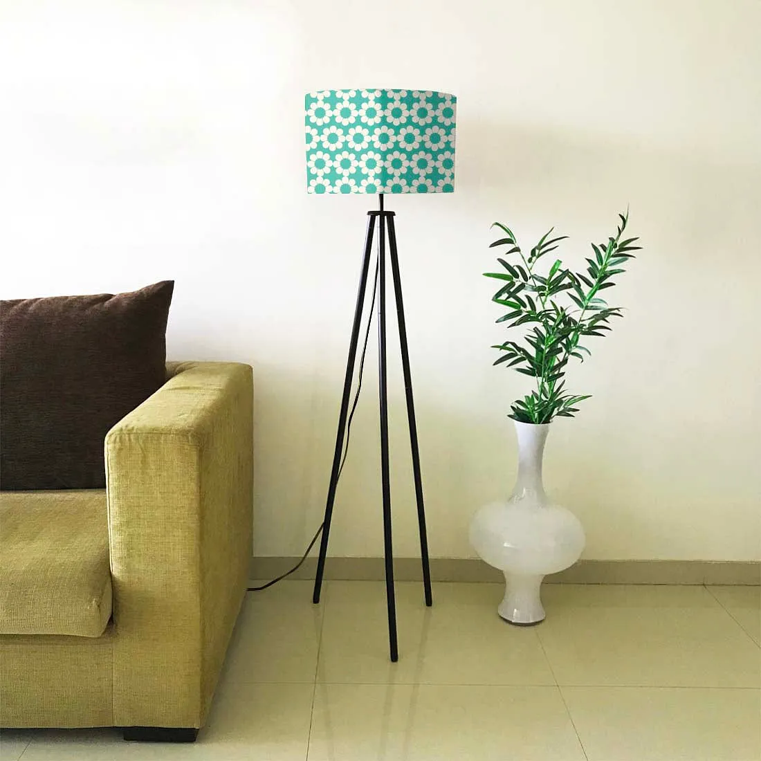 Metal Tripod Standing Floor Lamp for Bedside Light- Teal Patterns