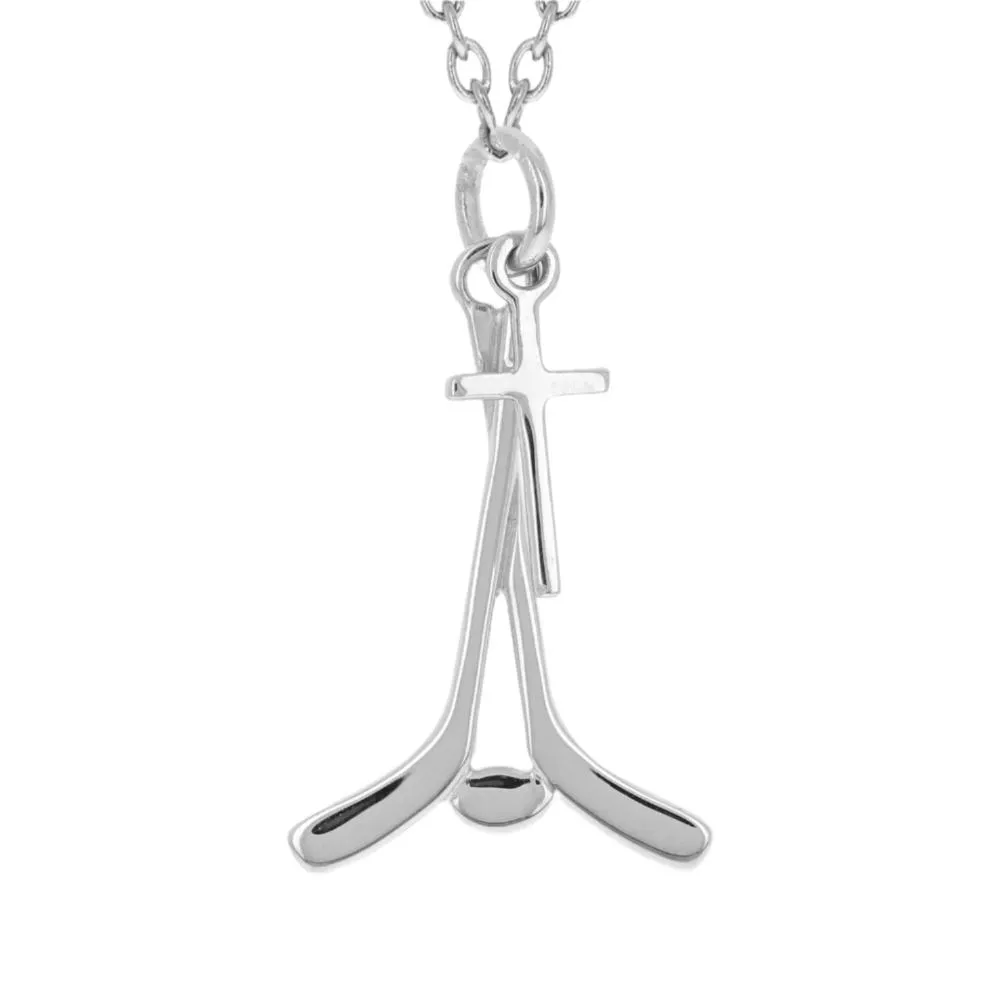 Mini Hockey Necklace With Dangle Cross | Sterling Silver