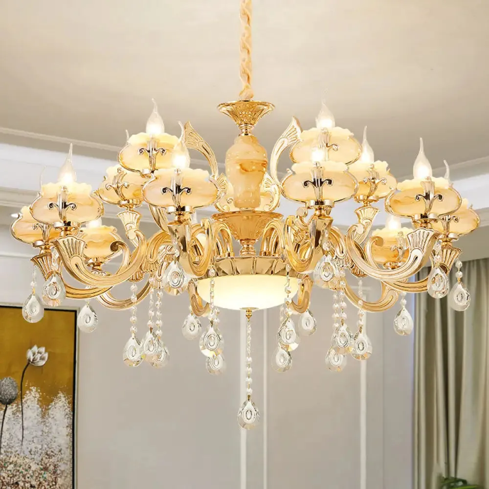 Minimalist Gold Chandelier with Blossom Jade, Crystal Draping, and Hanging Lamp Kit