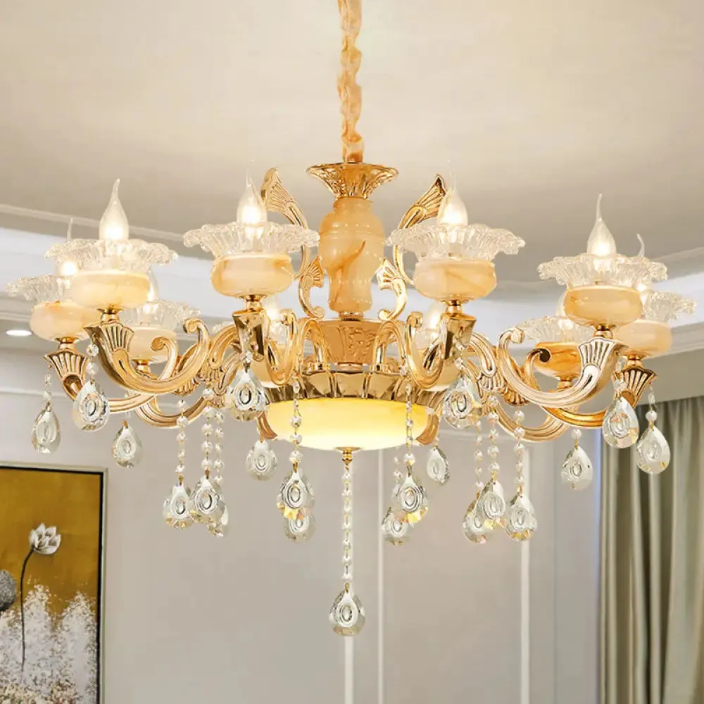 Minimalist Gold Chandelier with Blossom Jade, Crystal Draping, and Hanging Lamp Kit