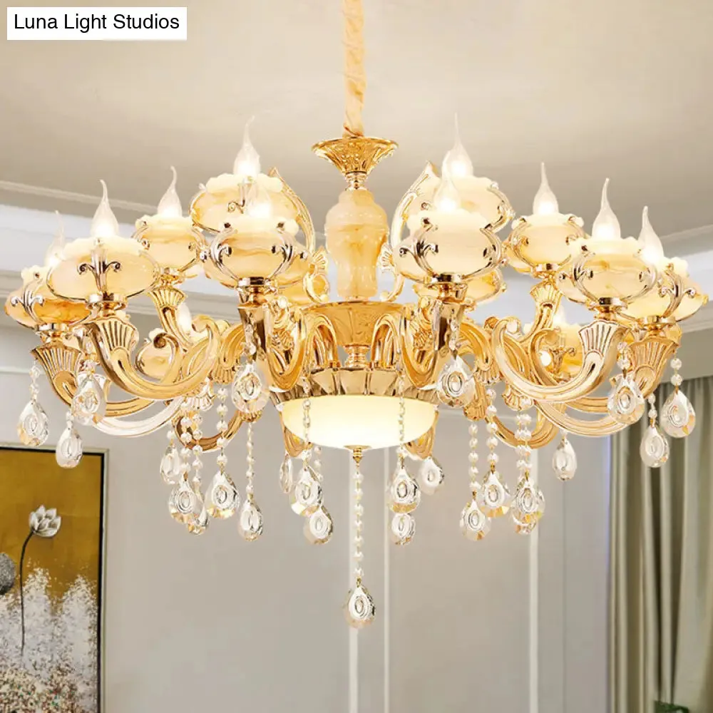 Minimalist Gold Chandelier with Blossom Jade, Crystal Draping, and Hanging Lamp Kit