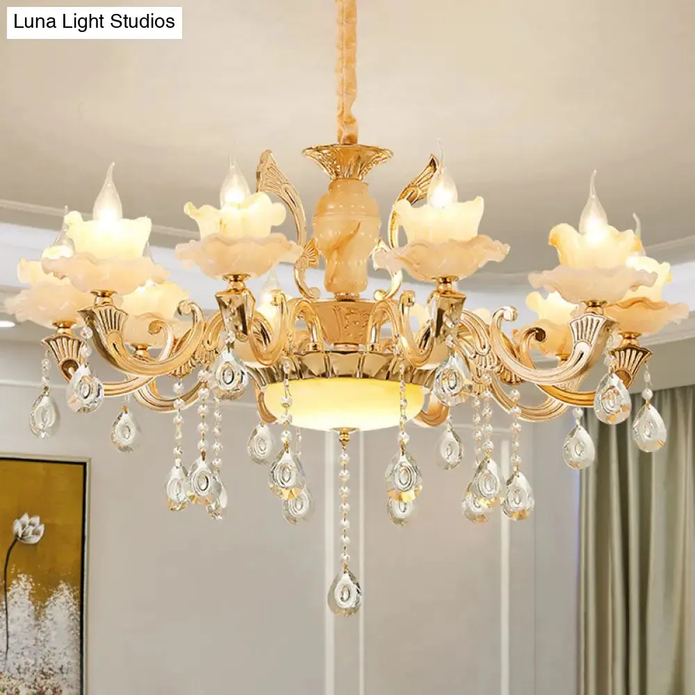 Minimalist Gold Chandelier with Blossom Jade, Crystal Draping, and Hanging Lamp Kit