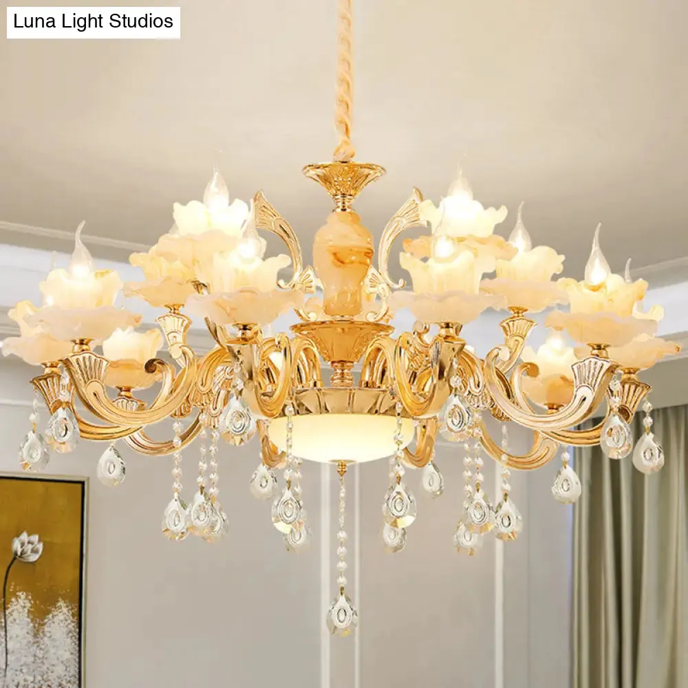 Minimalist Gold Chandelier with Blossom Jade, Crystal Draping, and Hanging Lamp Kit