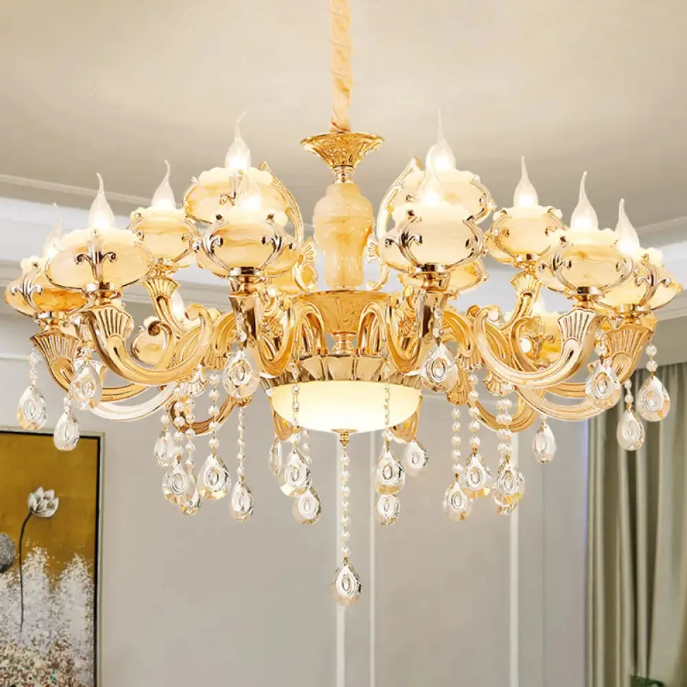 Minimalist Gold Chandelier with Blossom Jade, Crystal Draping, and Hanging Lamp Kit