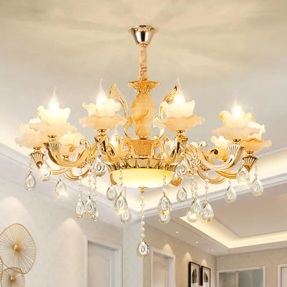 Minimalist Gold Chandelier with Blossom Jade, Crystal Draping, and Hanging Lamp Kit