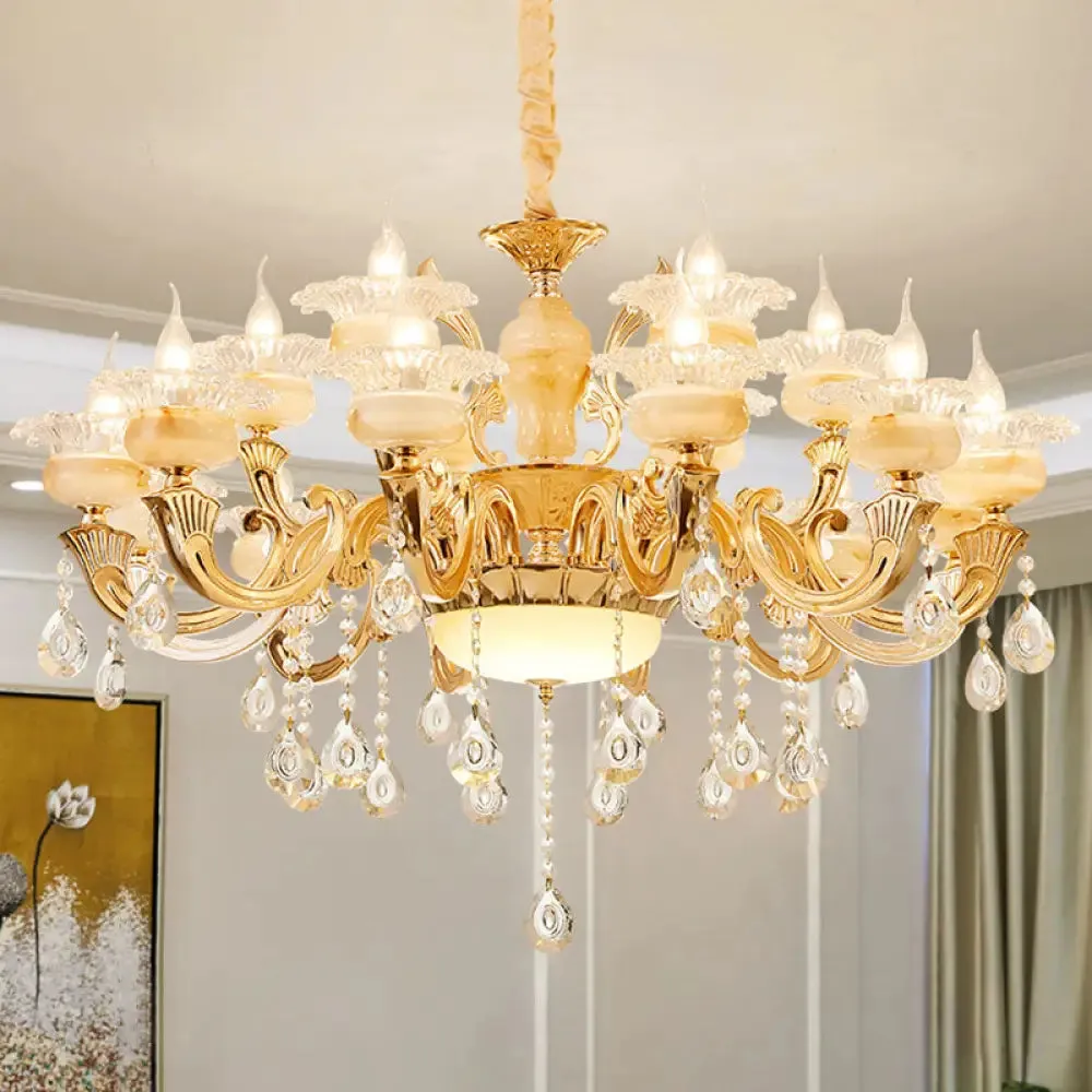 Minimalist Gold Chandelier with Blossom Jade, Crystal Draping, and Hanging Lamp Kit