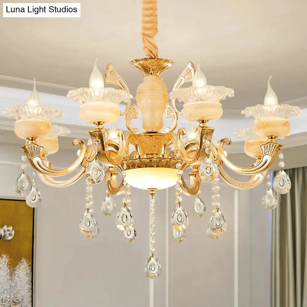 Minimalist Gold Chandelier with Blossom Jade, Crystal Draping, and Hanging Lamp Kit