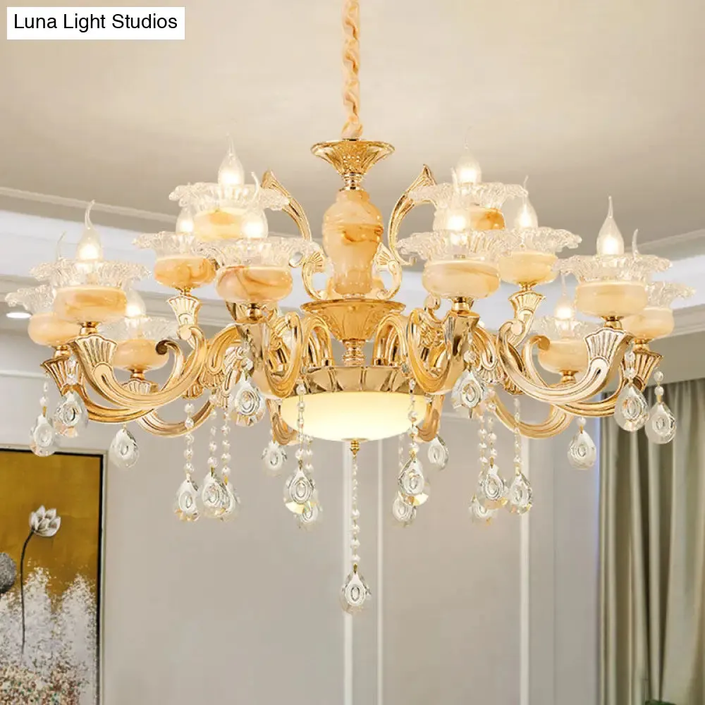 Minimalist Gold Chandelier with Blossom Jade, Crystal Draping, and Hanging Lamp Kit