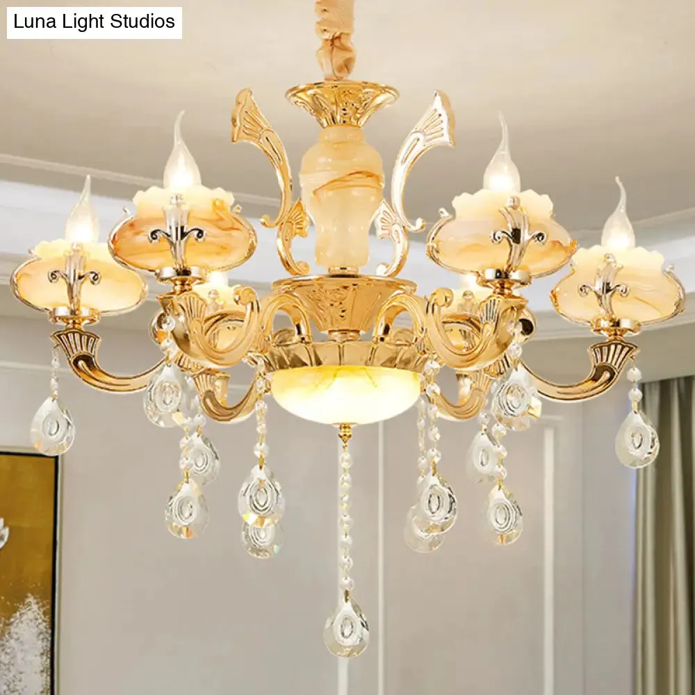 Minimalist Gold Chandelier with Blossom Jade, Crystal Draping, and Hanging Lamp Kit