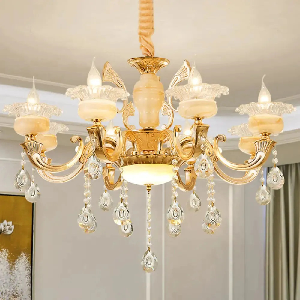 Minimalist Gold Chandelier with Blossom Jade, Crystal Draping, and Hanging Lamp Kit