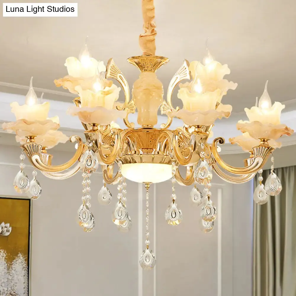 Minimalist Gold Chandelier with Blossom Jade, Crystal Draping, and Hanging Lamp Kit