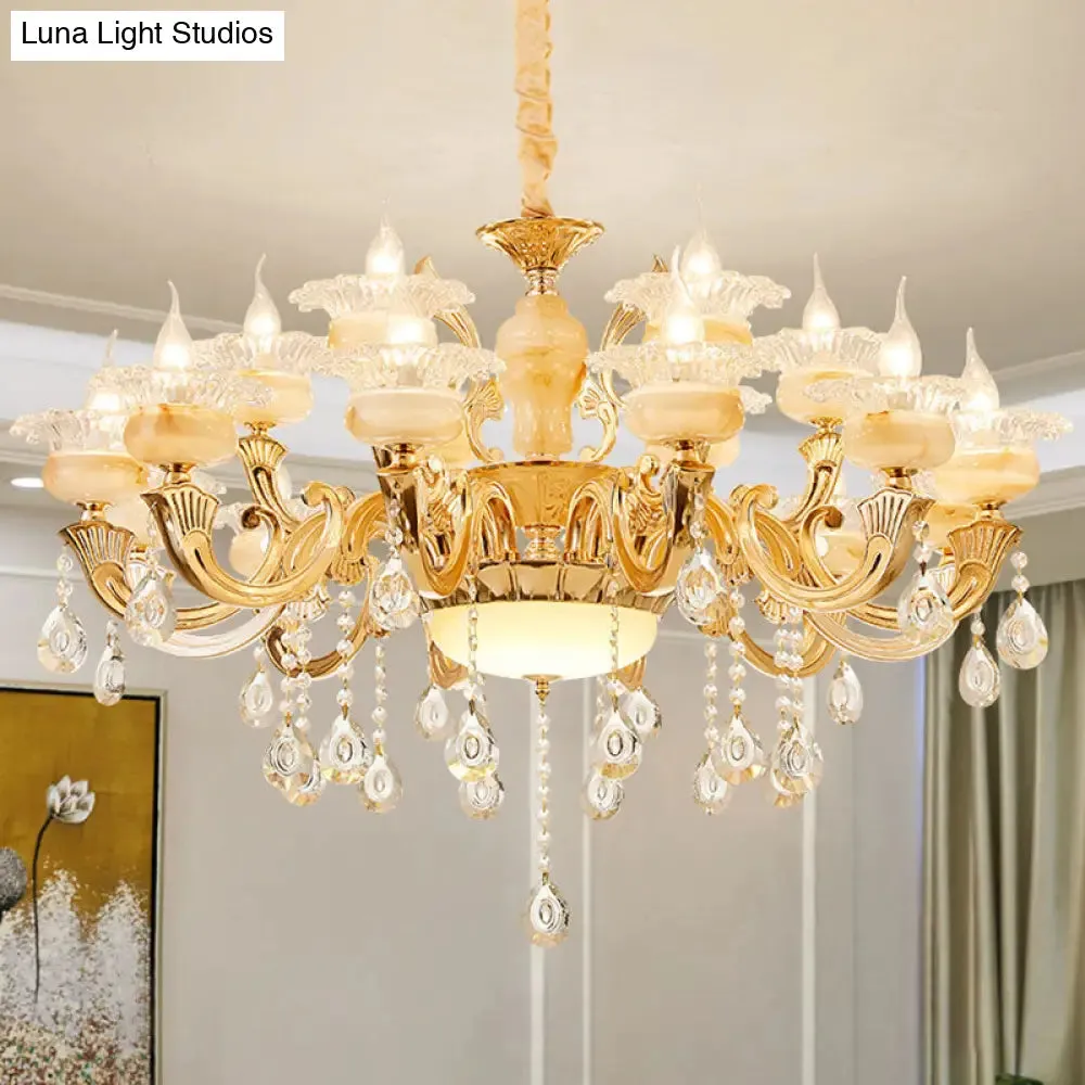 Minimalist Gold Chandelier with Blossom Jade, Crystal Draping, and Hanging Lamp Kit