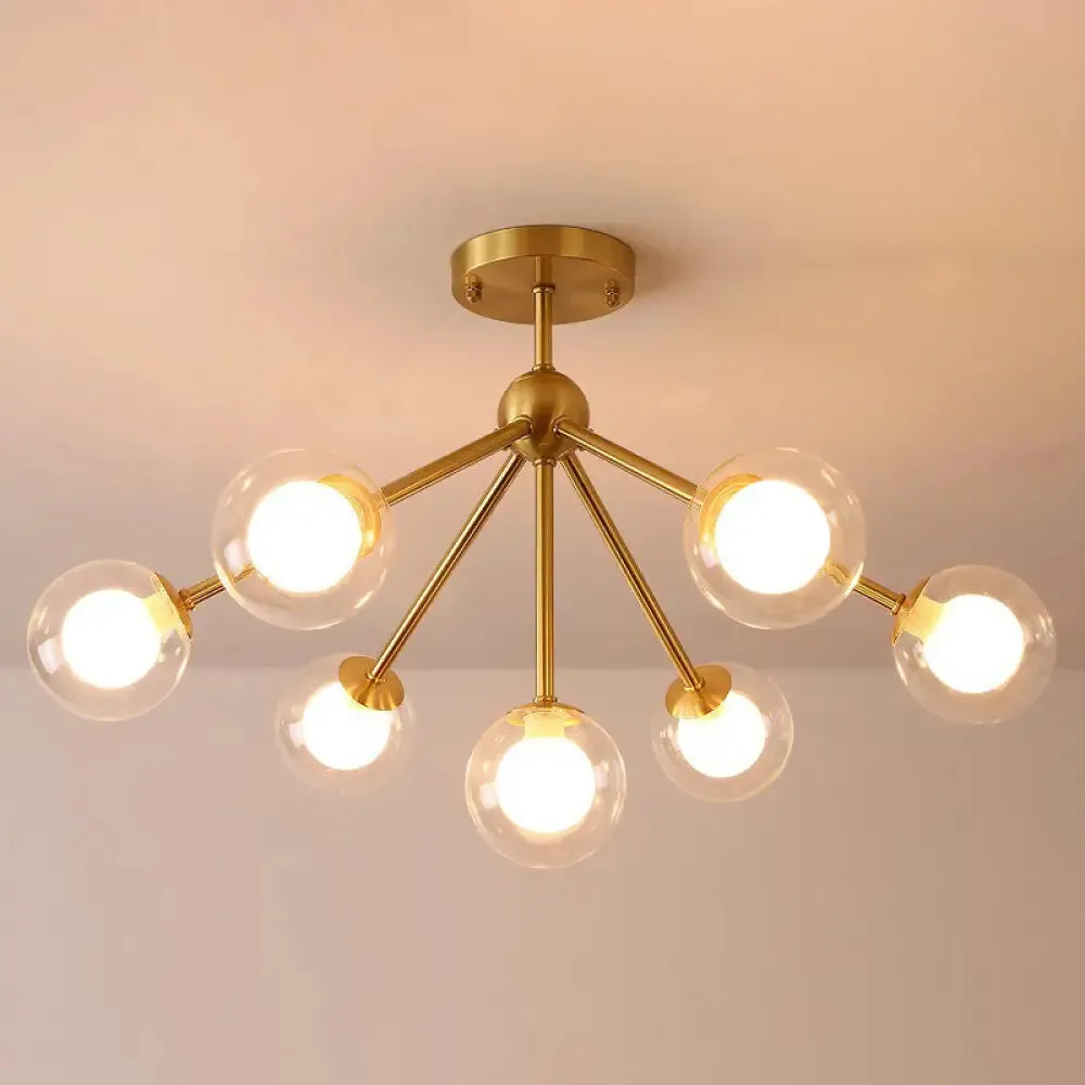 Minimalist Gold Metal Chandelier with Dual Ball Glass Shades - Ideal Ceiling Light for Dining Room