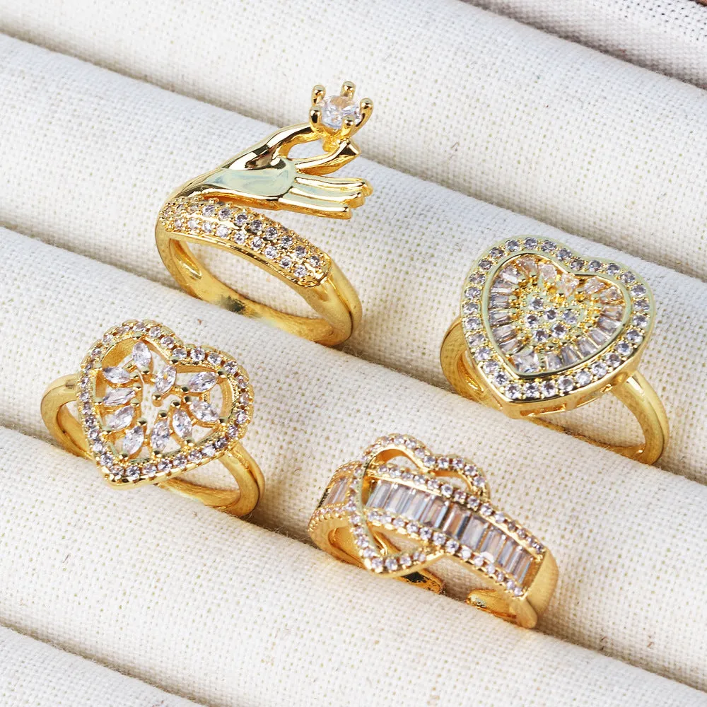 Moderate Luxury Women Fan-Shape Square Heart Circle Gold Plated Copper Rings