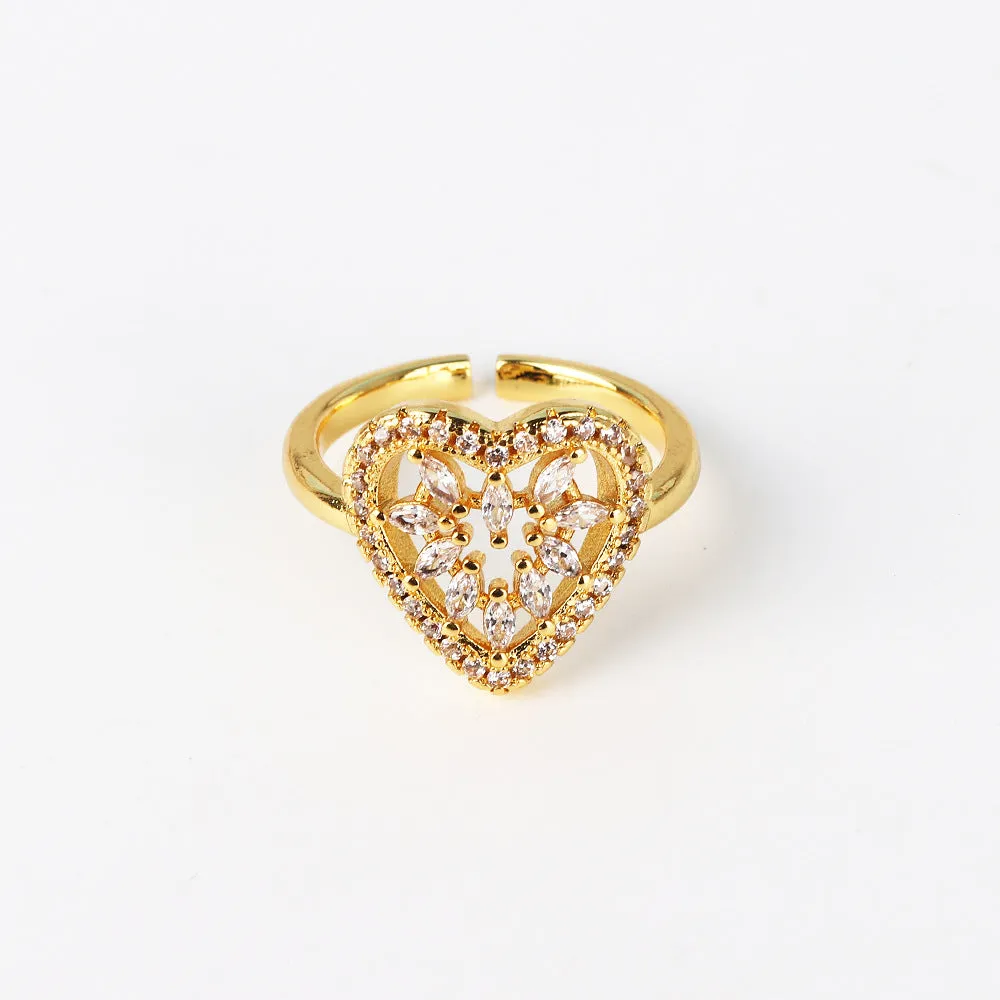 Moderate Luxury Women Fan-Shape Square Heart Circle Gold Plated Copper Rings