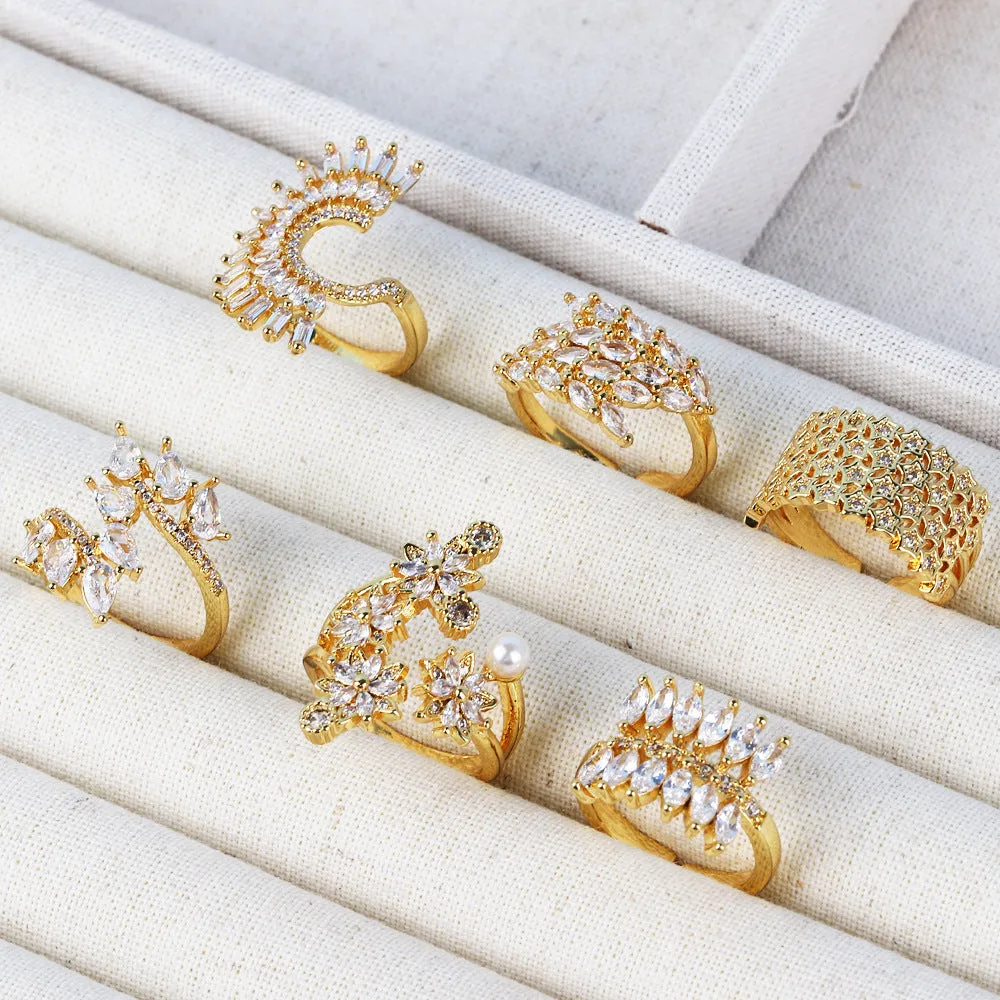 Moderate Luxury Women Fan-Shape Square Heart Circle Gold Plated Copper Rings