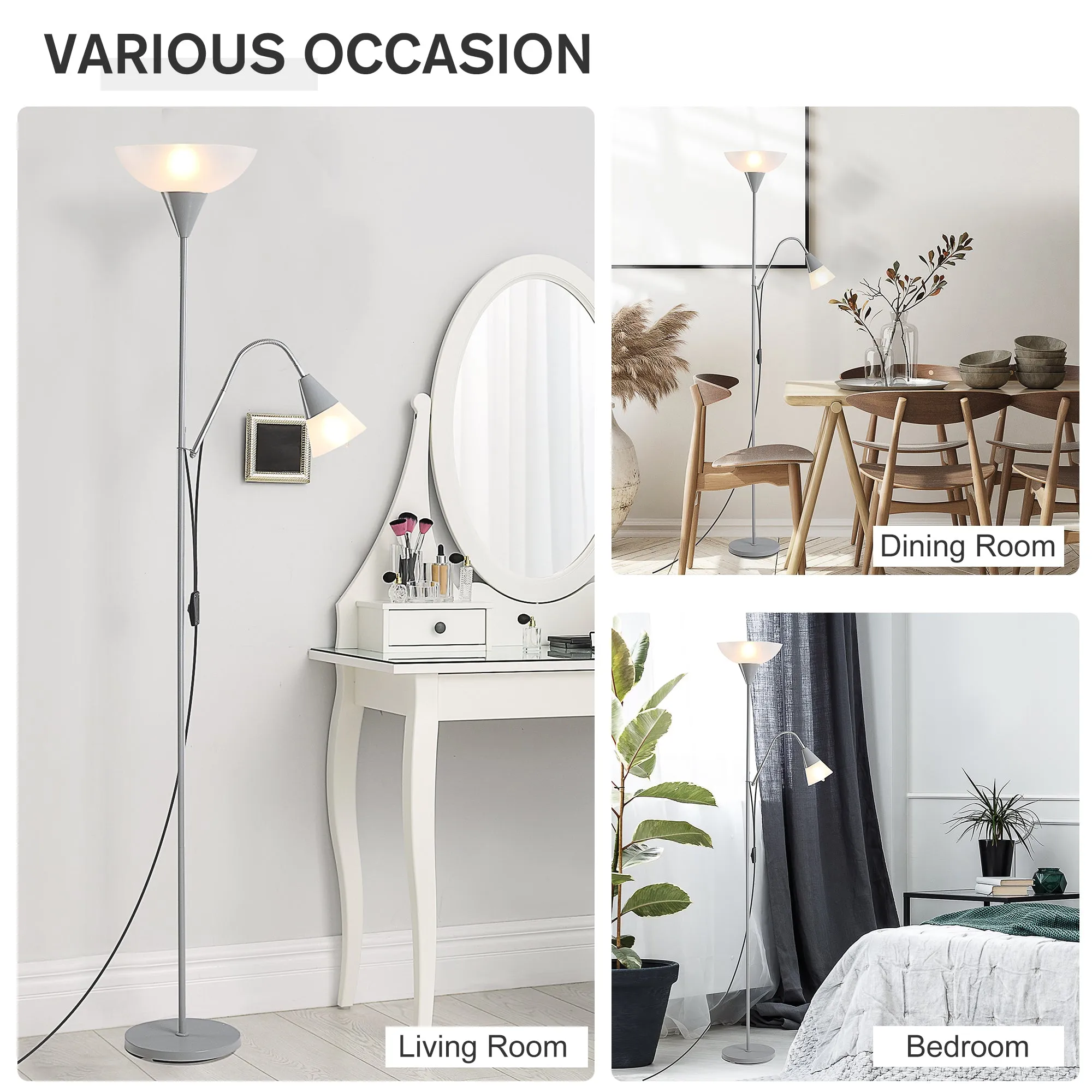 Modern Floor Reading Lamp 2 Adjustable Heads Steel Base Living Room Bedroom Office, 179.5cm