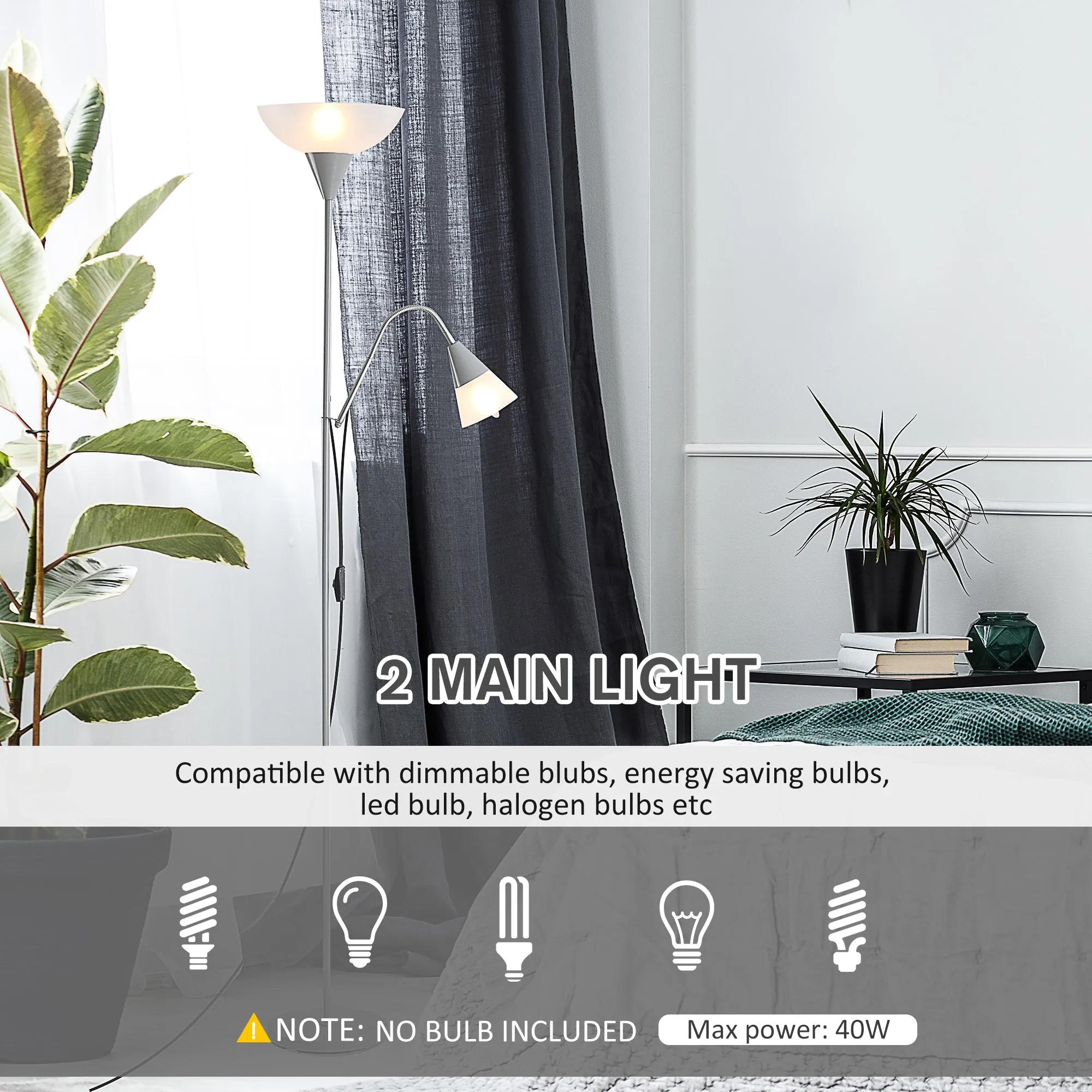 Modern Floor Reading Lamp 2 Adjustable Heads Steel Base Living Room Bedroom Office, 179.5cm