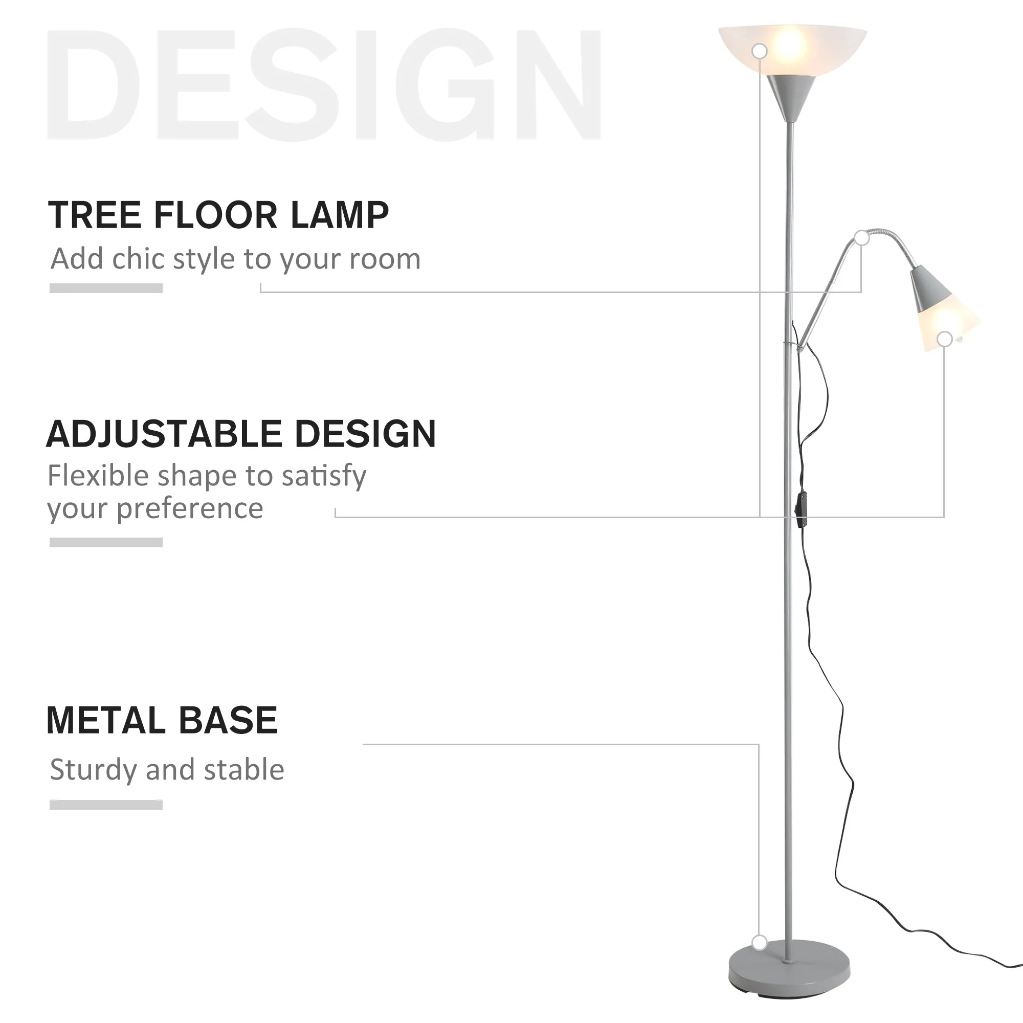 Modern Floor Reading Lamp 2 Adjustable Heads Steel Base Living Room Bedroom Office, 179.5cm