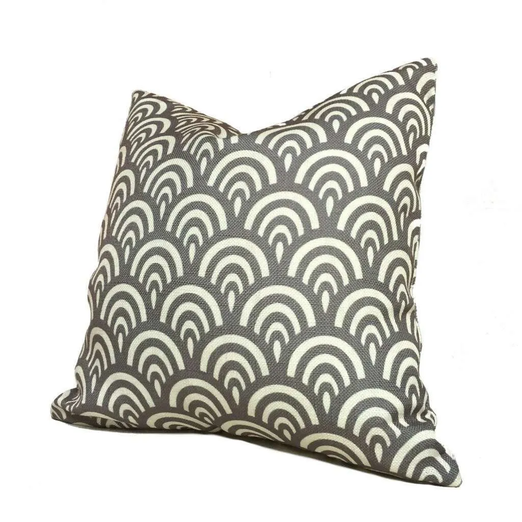 Modern Gray Ivory Cream Scallop Geometric Pattern Pillow Cover