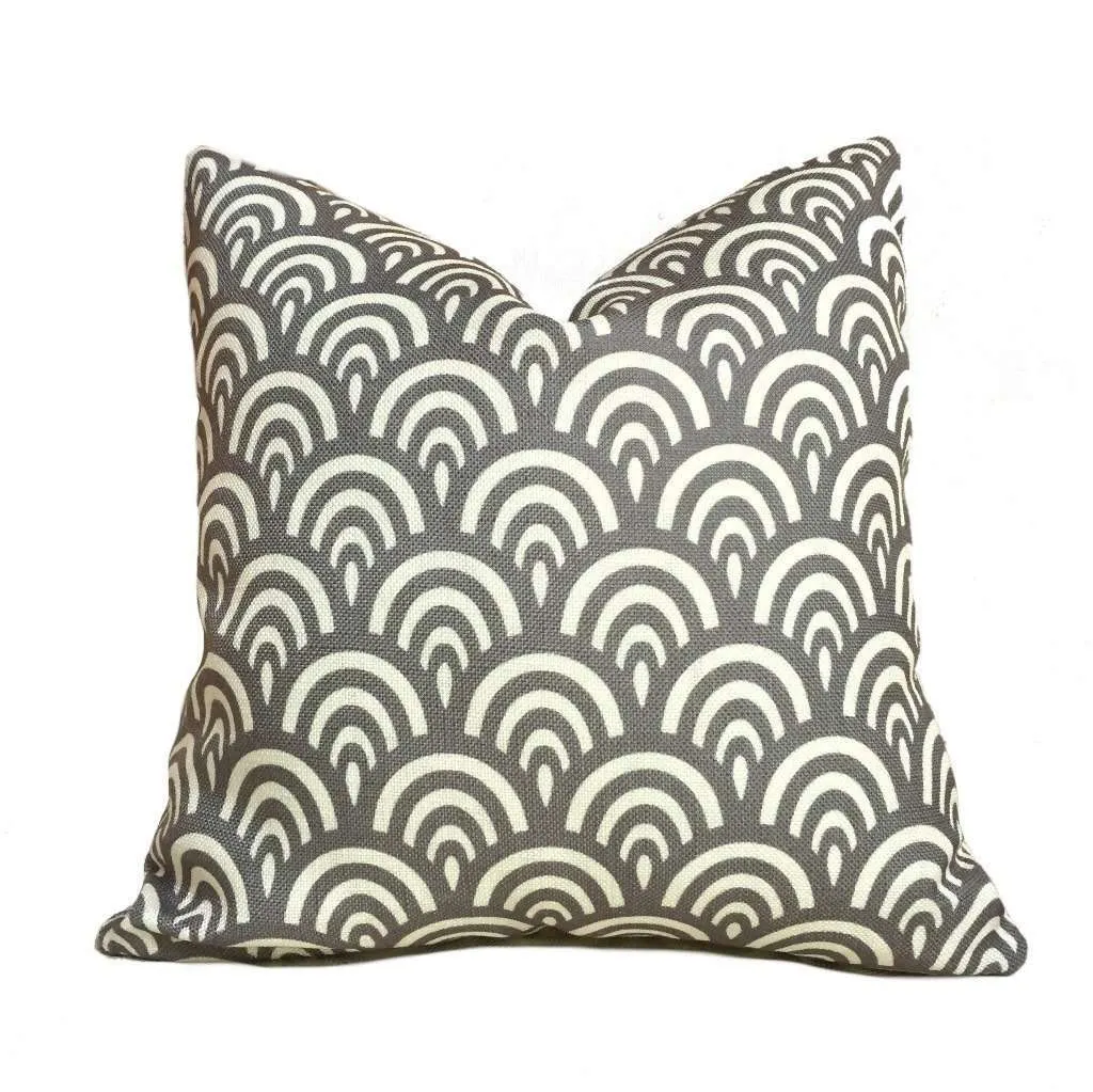 Modern Gray Ivory Cream Scallop Geometric Pattern Pillow Cover